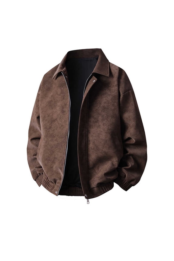 Men's Suede Bomber Jacket Oversized Retro Streetwear Zip Up Faux Leather Coat with Turn Down Collar