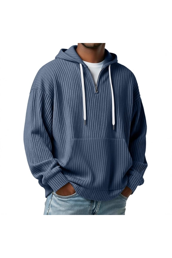 Men's Textured Knit Half Zip Hoodie, Pullover with Chest Pocket & White Drawstrings, Casual Long Sleeve Sweatshirt