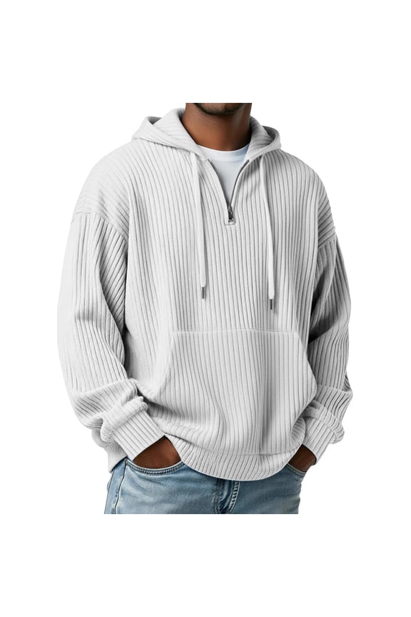 Men's Textured Knit Half Zip Hoodie, Pullover with Chest Pocket & White Drawstrings, Casual Long Sleeve Sweatshirt