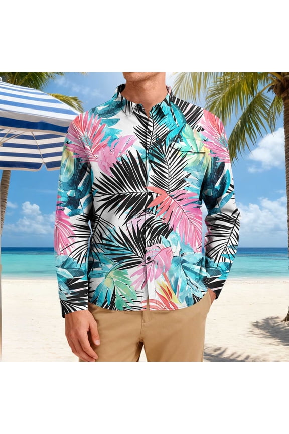 Men's Tropical Floral Button Down Long Sleeve Hawaiian Shirt Flower Printed Beach Shirts
