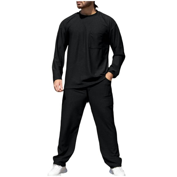 Kakii Men's Two-Tone Waffle Knit Set, Short Sleeve Crewneck Tee & Straight Leg Pants Matching Outfit, Casual Coordinated Lounge Wear