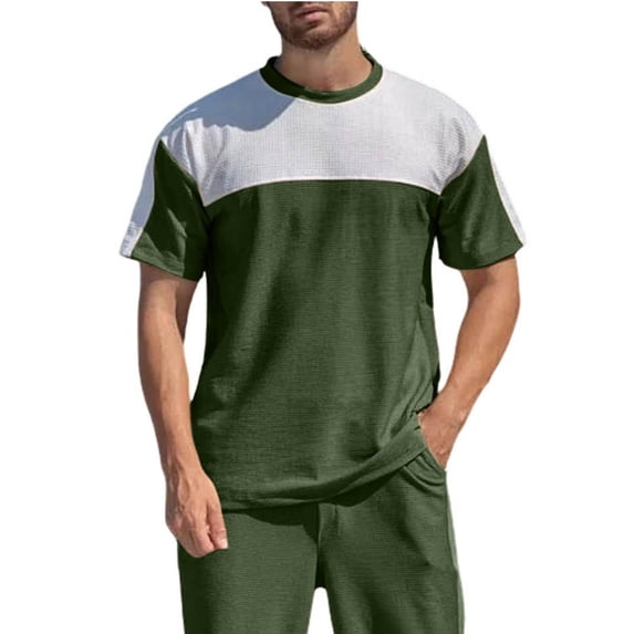 Kakii Men's Two-Tone Waffle Knit T-Shirt,Short Sleeve Crew Neck, Breathable Blend Casual Top