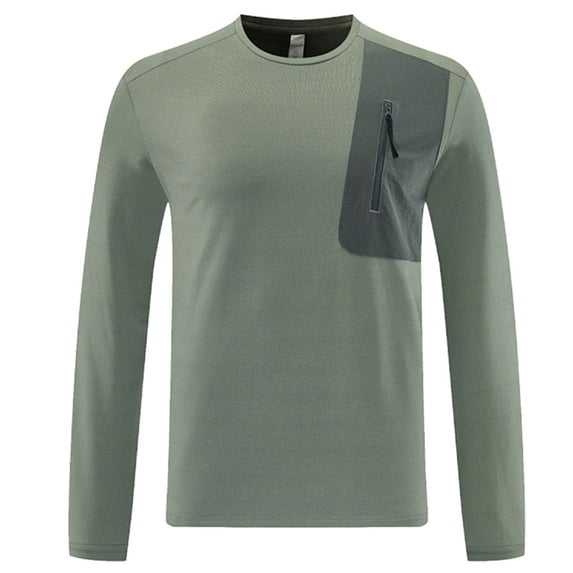 Kakii Men's Utility Pocket Outdoor Top, Performance Long Sleeve Tee with Zipper Chest Pocket, Stretchy Crew Neck Pullover