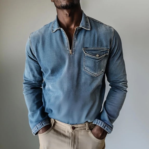 Kakii Men's Vintage Washed Denim Shirt Jacket, Half Zip Collared Top with Distressed Finish & Chest Pocket, Retro Workwear Style