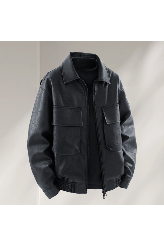 Men's Vintage Workwear Leather Jacket, Matte Utility Coat with Notch Lapel, Zipper Front & Flap Pockets, Ribbed Cuff Casual Outerwear
