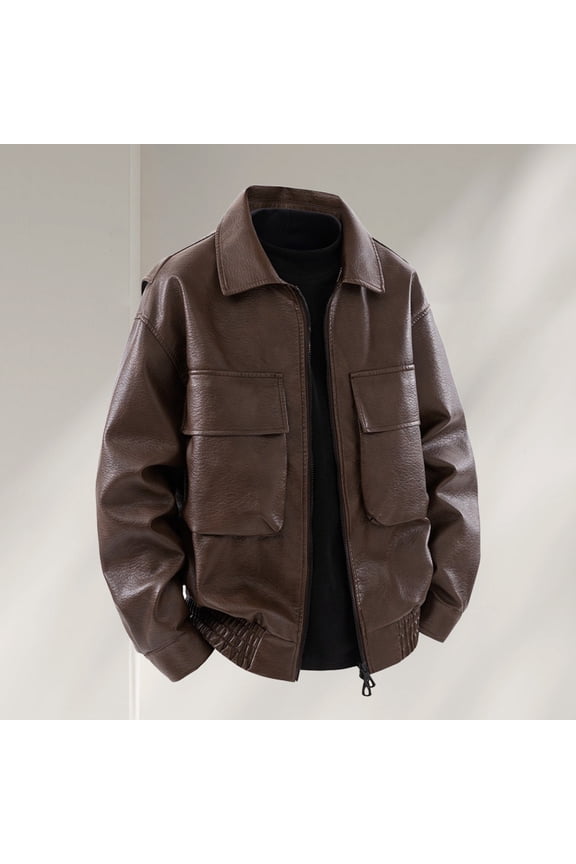 Men's Vintage Workwear Leather Jacket, Matte Utility Coat with Notch Lapel, Zipper Front & Flap Pockets, Ribbed Cuff Casual Outerwear