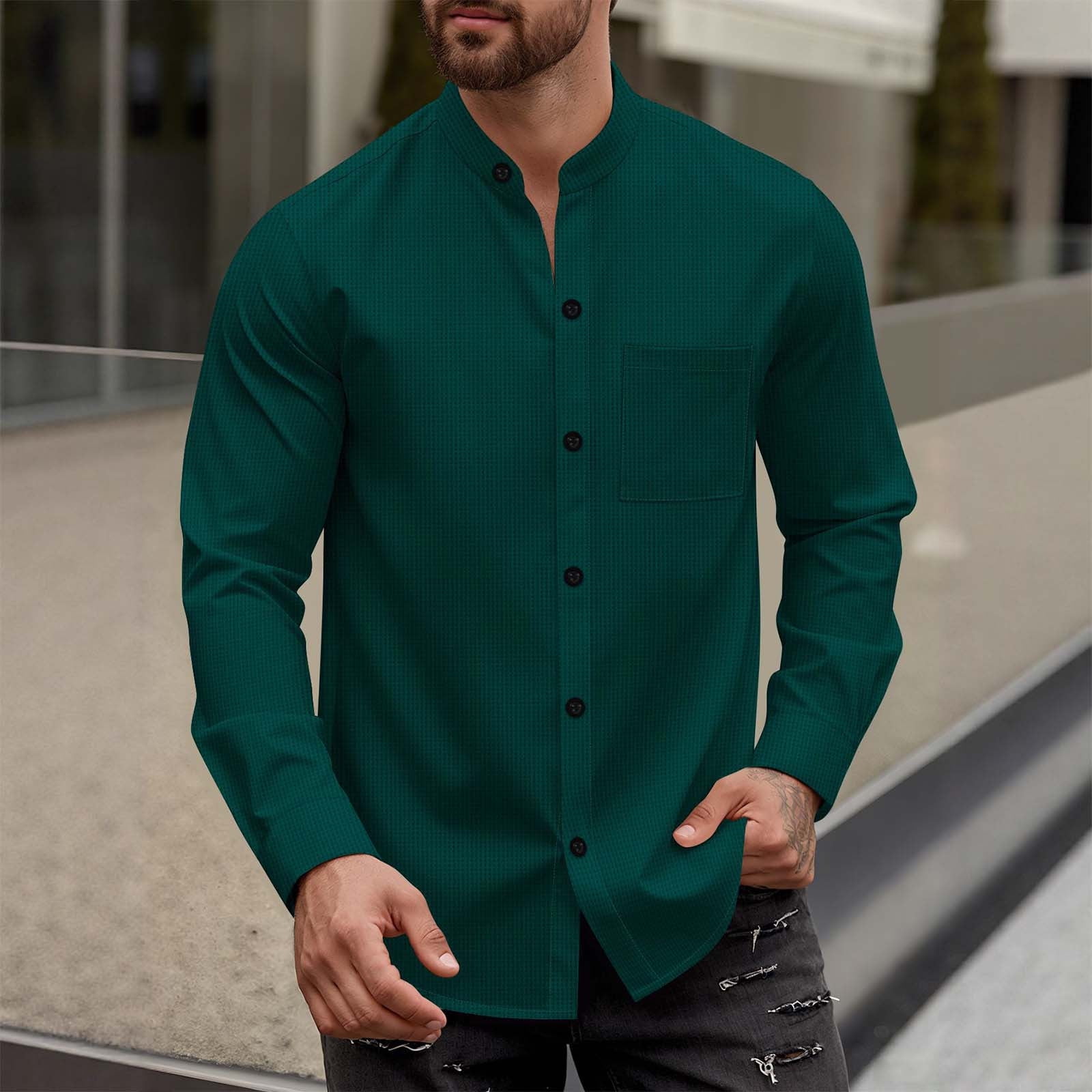 Kakii Men's Waffle Collarless Dress Shirt Banded Collar Long Sleeve Button Down Shirts Stretch Formal Tops with Pocket, Size: Large, Green
