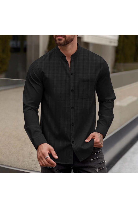 Men's Waffle Collarless Dress Shirt Banded Collar Long Sleeve Button Down Shirts Stretch Formal Tops with Pocket