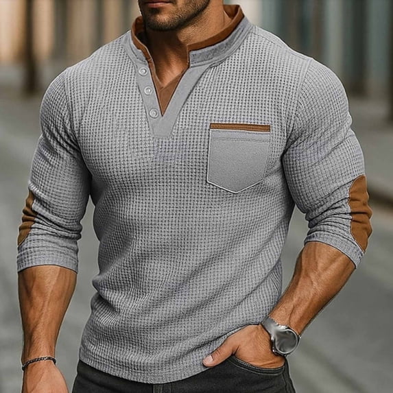 Kakii Men's Waffle Henley Shirt Long Sleeve V Neck Solid Color Fake Two-Piece Casual Streetwear Sports Fashion Top
