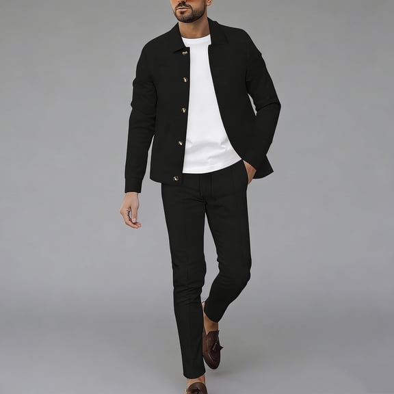 Kakii Men's Waffle Knit Sport Set, Long Sleeve Collared Top & Elastic Waist Drawstring Pants with Pockets, Breathable Two-Piece Outdoor Athletic Outfit