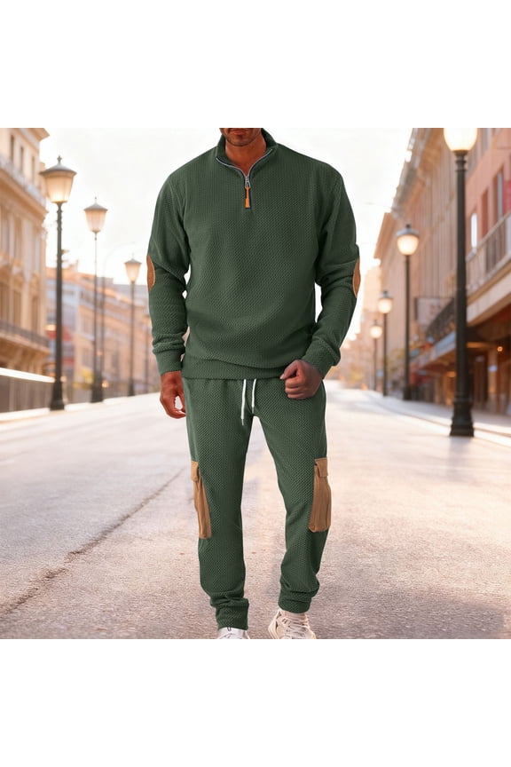 Men's Waffle Knit Tracksuit Set, Half Zip Collared Top & Jogger Pants with Elbow Patches, Casual Two-Piece Lounge Set