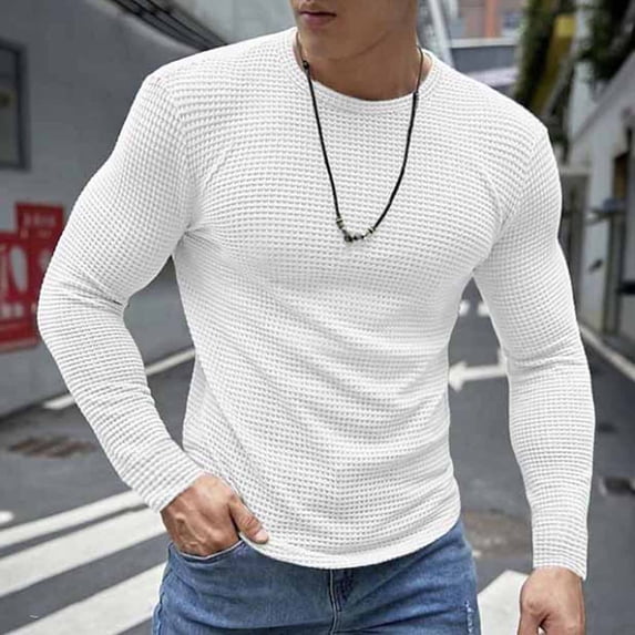 Kakii Men's Waffle Long Sleeve Shirts, Crew Neck Thermal Textured Underwear Tops Lightweight Pullover Sweaters