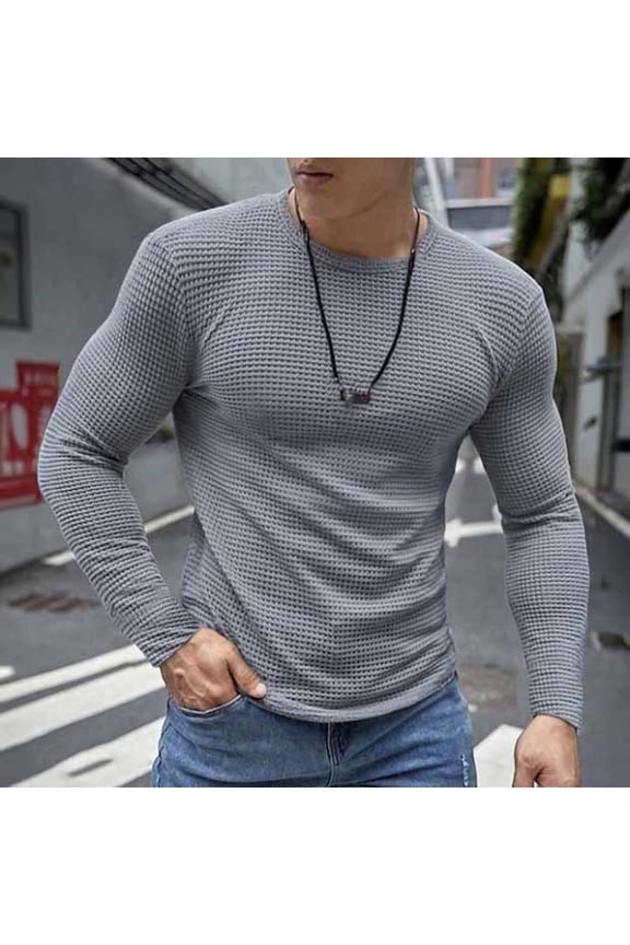 Men's Waffle Long Sleeve Shirts, Crew Neck Thermal Textured Underwear Tops Lightweight Pullover Sweaters