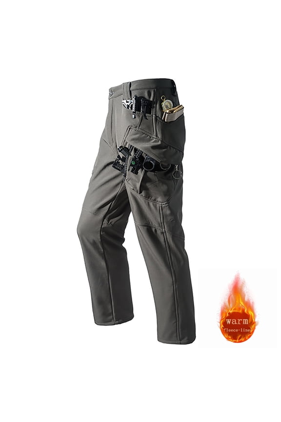 Men's Water-Resistant Fleece-Lined Cargo Pants, Winter Hiking Trousers with Multiple Zipper Pockets, Windproof Tactical Pants