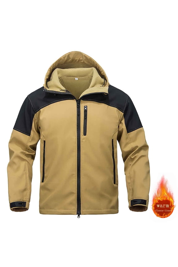 Men's Waterproof Hiking Jacket, Fleece-Lined Rain Jacket with Hood, Windproof Softshell Outdoor Coat