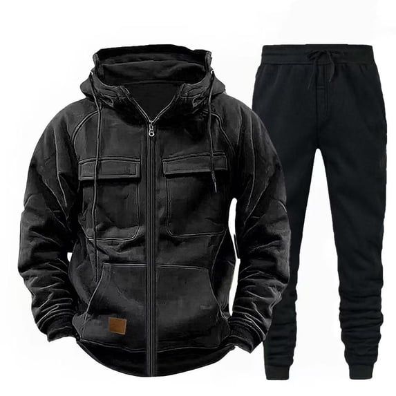 Kakii Men's Zip Up Hoodie Set, Pullover Hooded Sweatshirt & Jogger Pants with Pockets, Two-Piece Casual Workwear Outfit