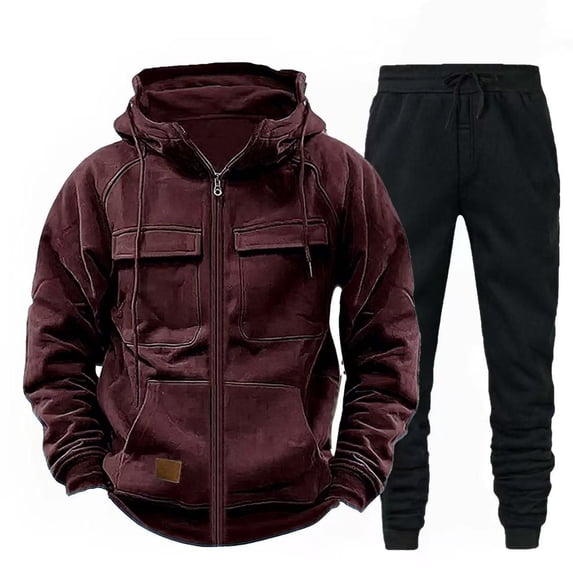 Kakii Men's Zip Up Hoodie Set, Pullover Hooded Sweatshirt & Jogger Pants with Pockets, Two-Piece Casual Workwear Outfit