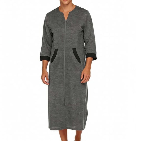 Kakii Men's Zipper Robe 3/4 Sleeves Loungewear Dress Full Length Sleepwear Pockets Housecoat Nightgown Long Bathrobe