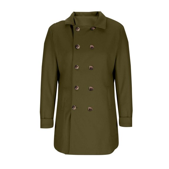 Kakii Men's ouble Breasted Wool Blend Coat, Mid-Length Utility Trench with Notch Lapel & Flap Pockets, Classic Fall & Winter Overcoat