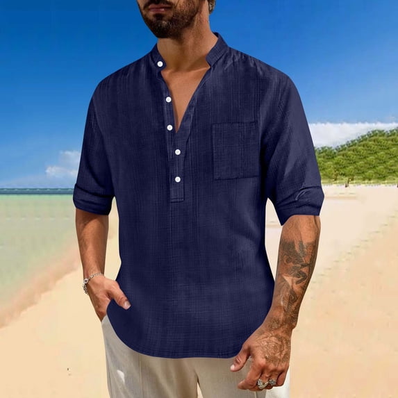 Kakii Mens Cotton Linen Henley Shirts Long Sleeve Casual Shirt Summer Beach Hippie T-Shirt Band Collar Shirt & Pocket