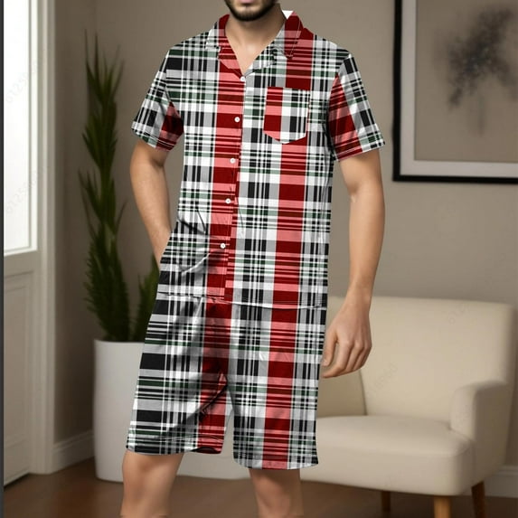 Kakii Mens Cotton Pajama Set Short Sleeve, Button Down Pajama Set for Men Lightweight Men's Sleepwear