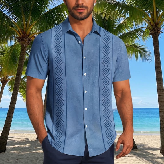 Kakii Mens Cuban Guayabera Shirt Vintage Short Sleeve Button Down Hawaiian Bowling Shirts Summer Beach Vacation Shirts
