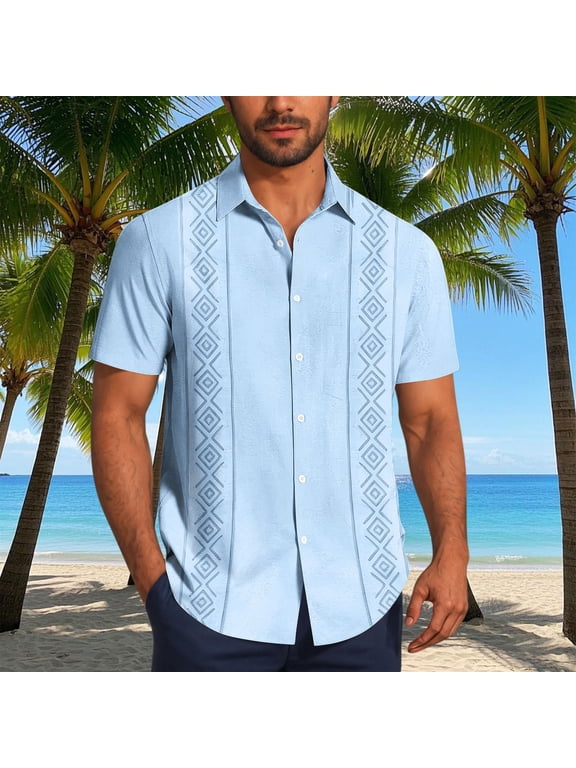 Mens Cuban Guayabera Shirt Vintage Short Sleeve Button Down Hawaiian Bowling Shirts Summer Beach Vacation Shirts
