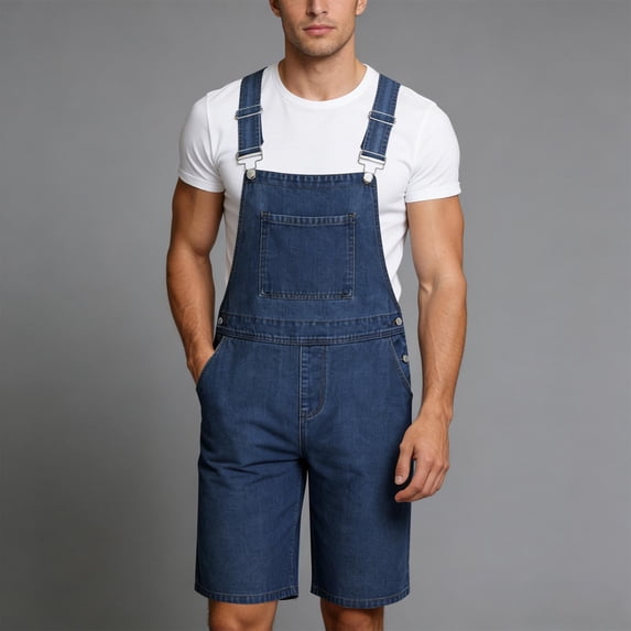 Kakii Mens Denim Shorts Bib Overall Jean Romper Casual Loose Fit Walkshort Button Pockets Summer Jumpersuit