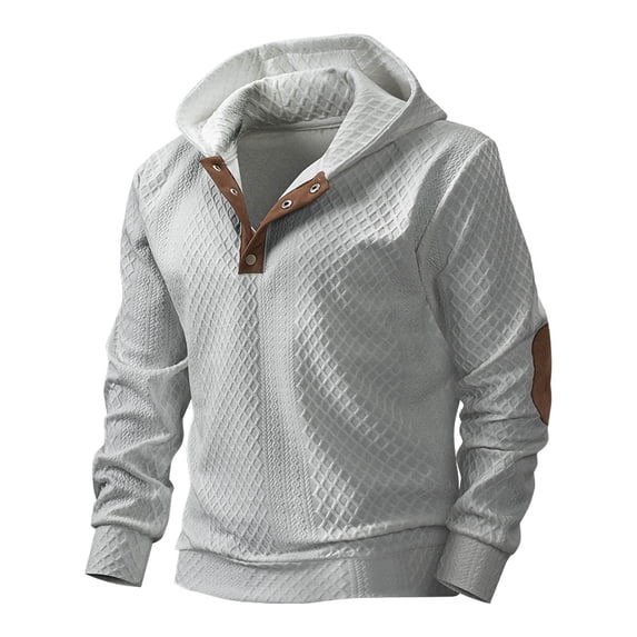Kakii Mens Fashion Pullover Hoodies Long Sleeve Thermal Drawstring Button Texture Hooded Sweatshirt