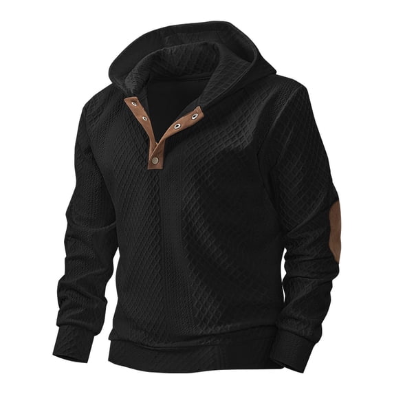 Kakii Mens Fashion Pullover Hoodies Long Sleeve Thermal Drawstring Button Texture Hooded Sweatshirt