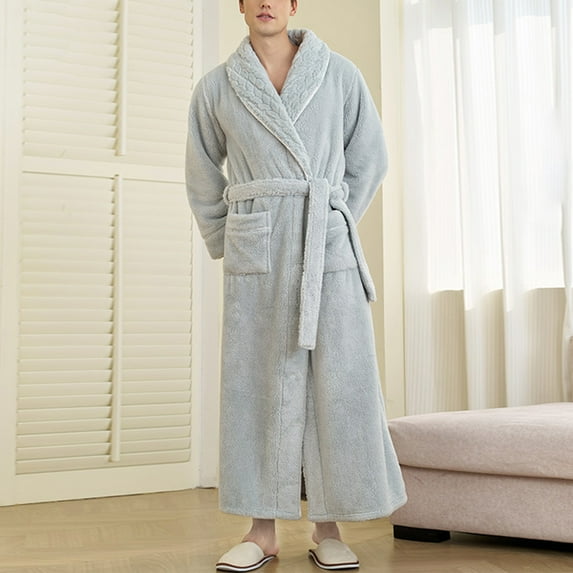Kakii Mens Fleece Robe, Soft Plush Robe for Men, Fluffy Bathrobe with Belt & 2 Pockets