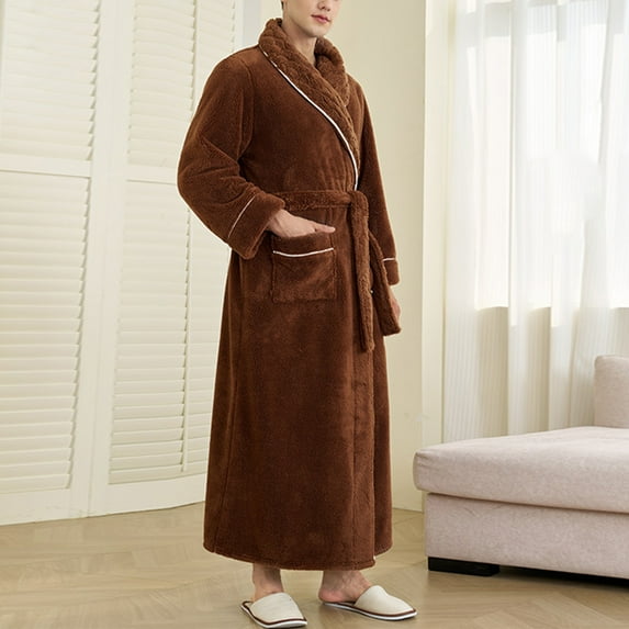 Kakii Mens Fleece Robe, Soft Plush Robe for Men, Fluffy Bathrobe with Belt & 2 Pockets