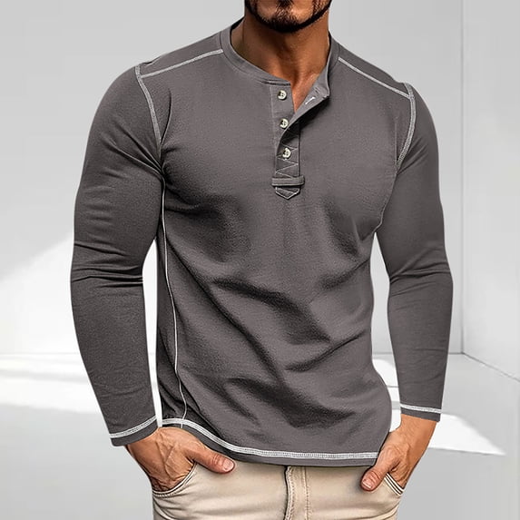 Kakii Mens Henley Long Sleeve Button T-Shirt Casual Stylish Contrast Stitching Long Sleeve Shirts for Men