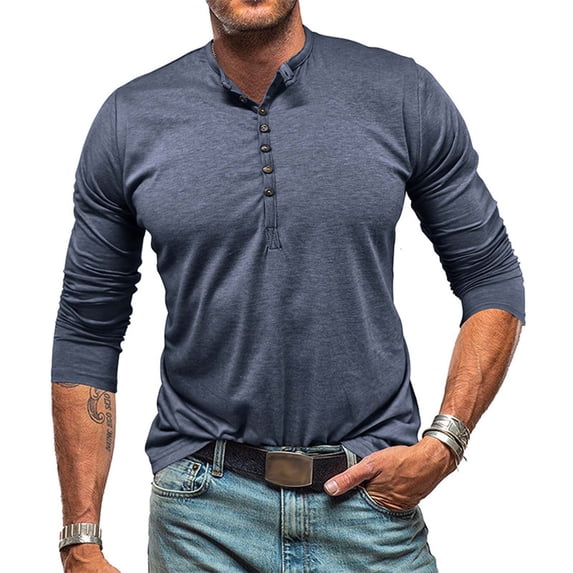 Kakii Mens Henley Shirts Classic Retro Long Sleeve Cotton Tee Shirts Casual Button Down Washed T-Shirts