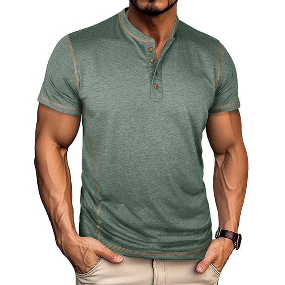 Kakii Mens Henley Short Sleeve T-Shirt Cotton Maverick Shirt