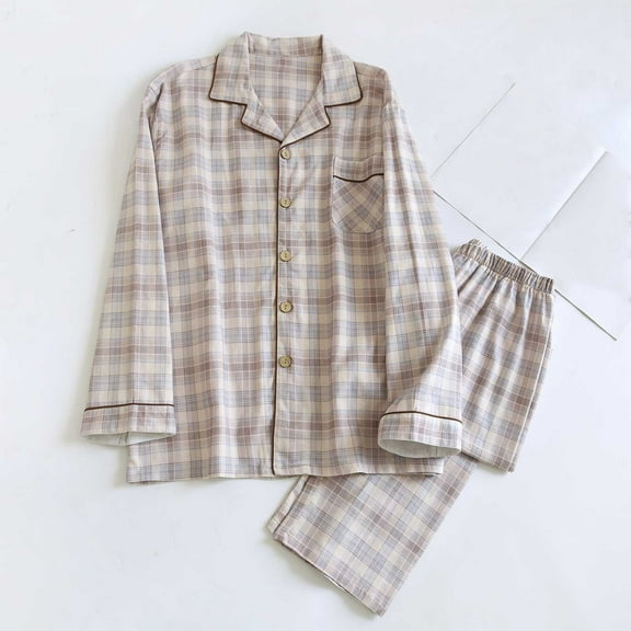 Kakii Mens Plaid Cotton Pajama Set, Soft Long Sleeve Pajamas for men Lightweight Button Up Sleepwear Lounge Pjs Set with Pockets