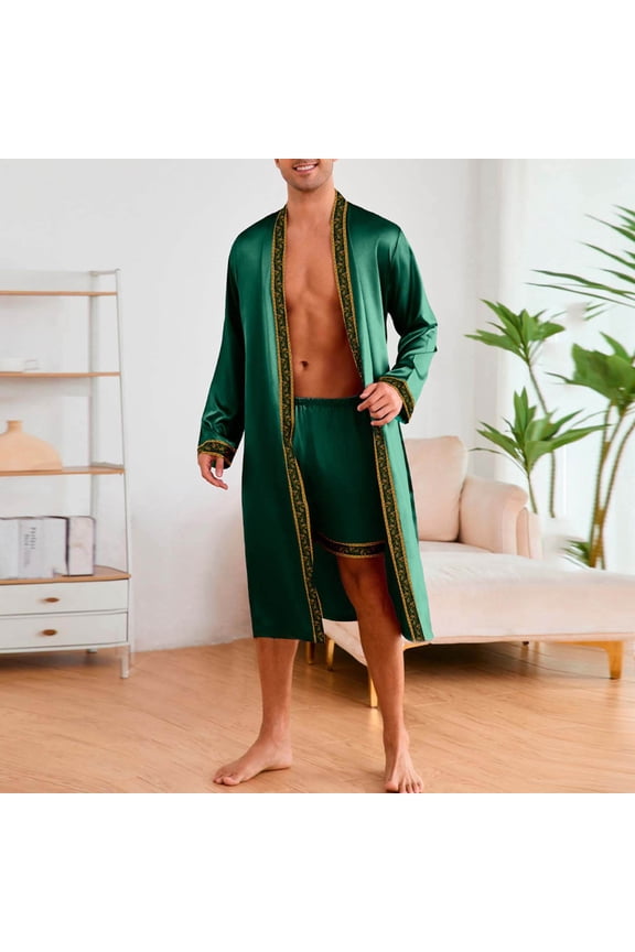Mens Satin Bath Robe with Shorts Set, Silk Paisley Kimono Lightweight, Soft Long Sleeve Sleepwear