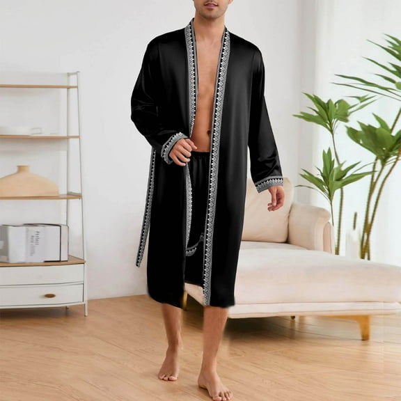 Kakii Mens Satin Bath Robe with Shorts Set, Silk Paisley Kimono Lightweight, Soft Long Sleeve Sleepwear