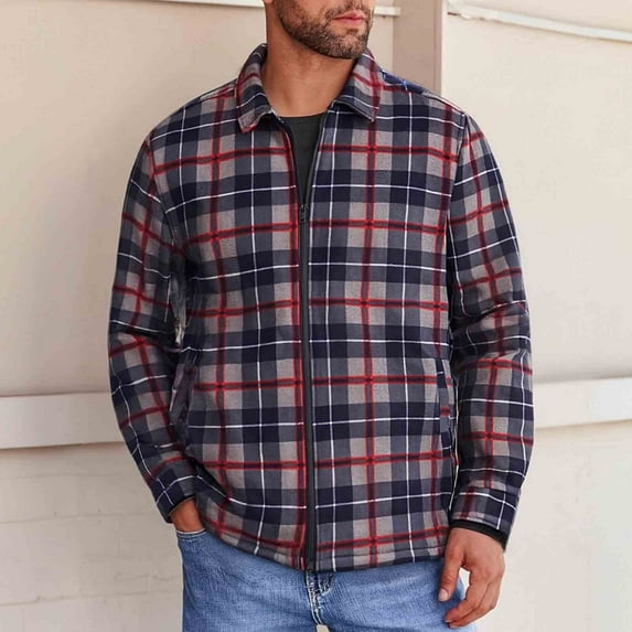 Kakii Mens Sherpa Lined Shirt Jacket Casual Long Sleeve Plaid Shacket Flannel Fleece Full Zip Jacket