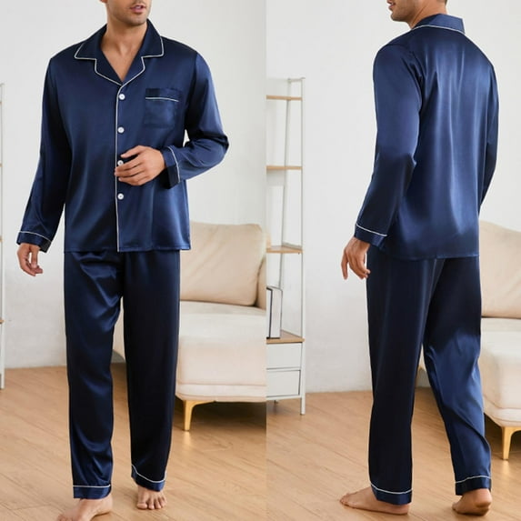 Kakii Mens Silk Pajamas Set, Long Sleeve Satin Pajamas for Men Sleepwear Button Down Pjs Set Two-piece