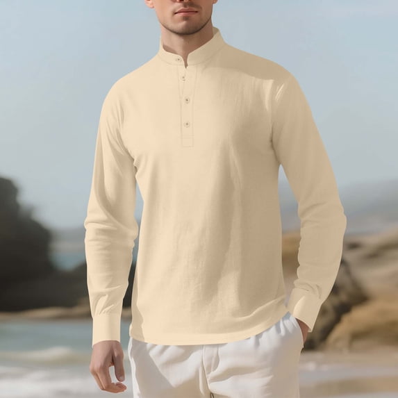 Kakii Mens Stand Collar Shirt - Casual Long Sleeve Button Down Shirt with Textured Fabric