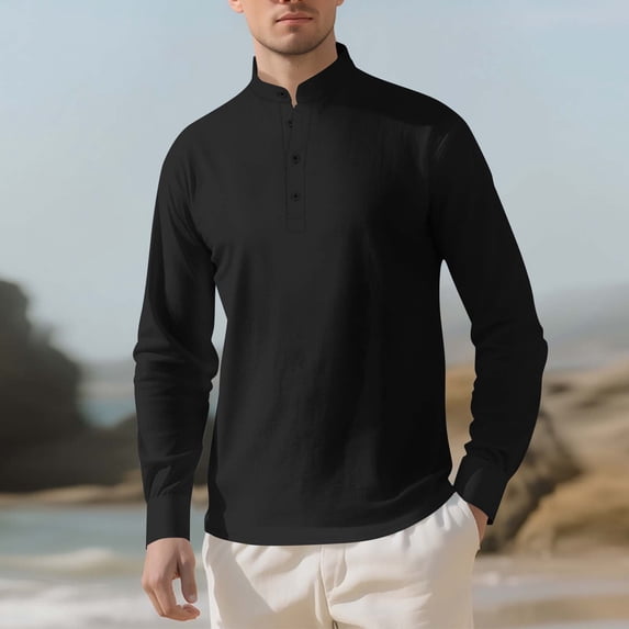 Kakii Mens Stand Collar Shirt - Casual Long Sleeve Button Down Shirt with Textured Fabric