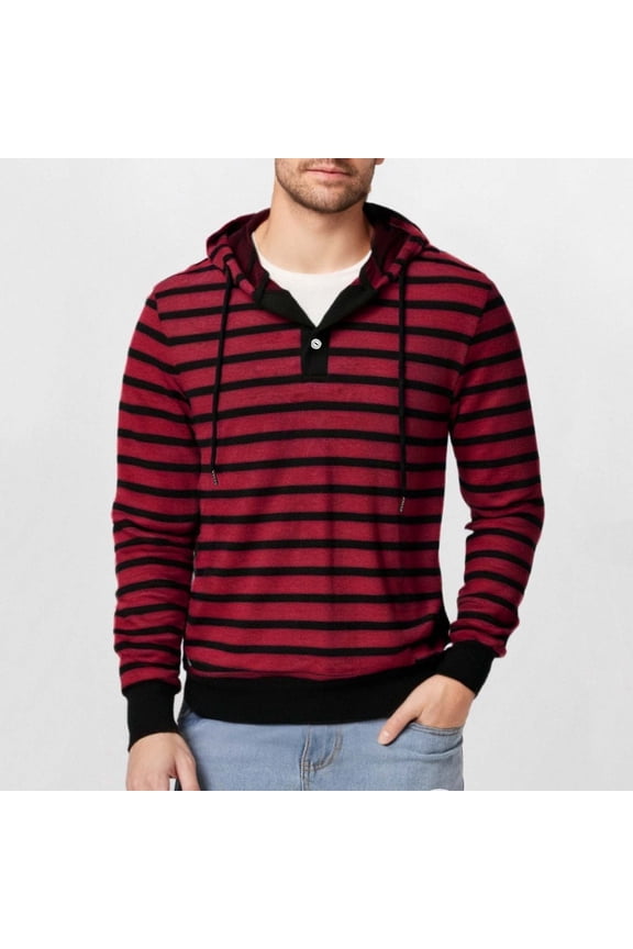 Mens Stripe Henley Hoodie, Long Sleeve Athletic Top with Decorative Snap Placket & Drawstring Adjustment, Sporty Casual Pullover