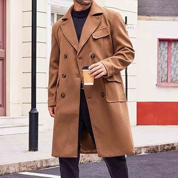 Kakii Mens Trench Coat Notch Lapel Slim Fit Double Breasted Long Pea Coat Winter Warm Overcoat