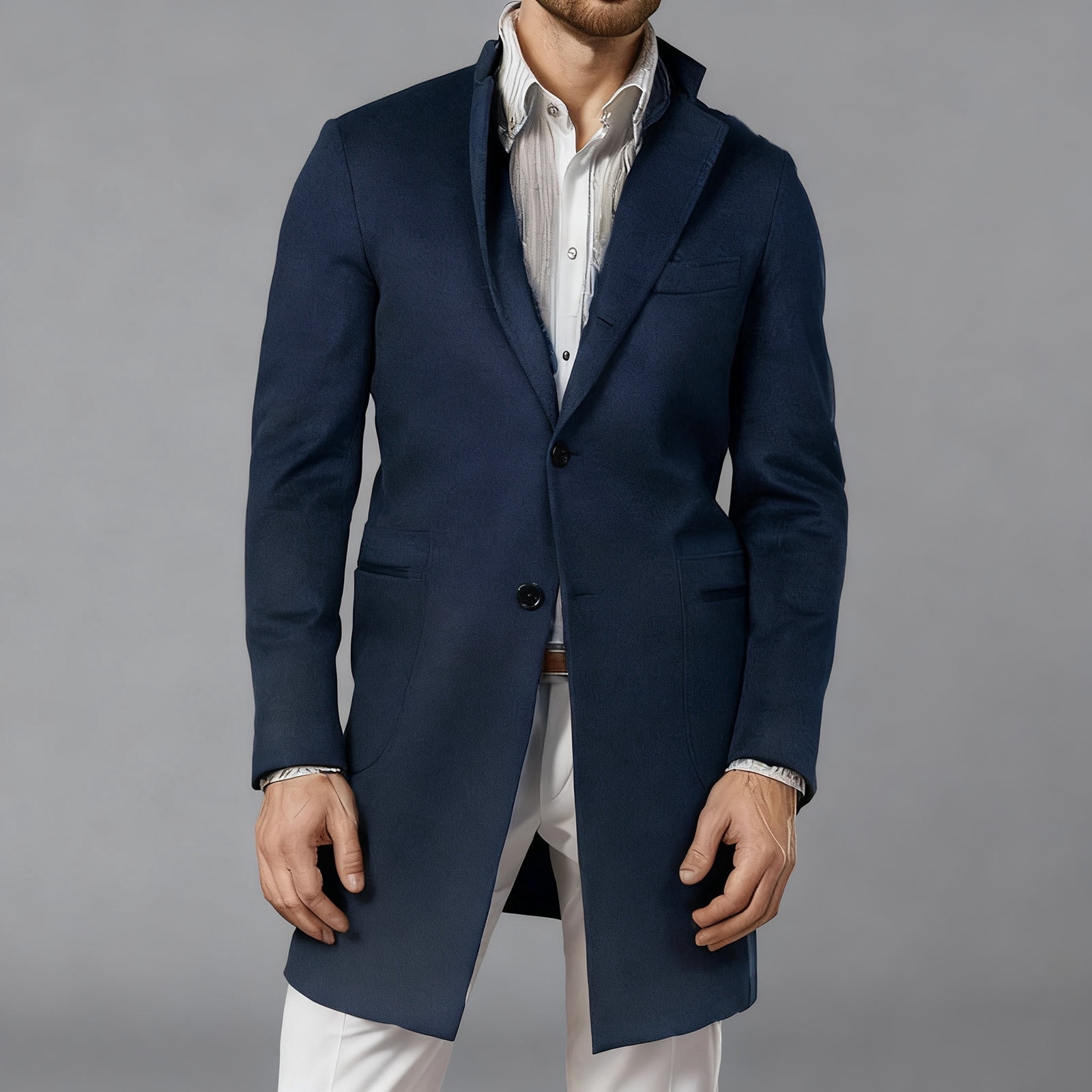 Kakii Mens Trench Coat Slim Fit Notched Collar Fall Winter Single ...