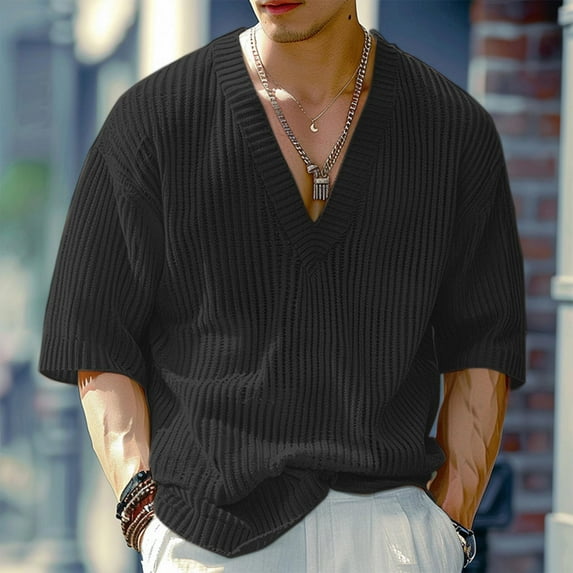 Kakii Mens V Neck Sweater 2026 Spring Oversized Ribbed Knit Trendy Slit Casual Loose Fit Short Sleeve Pullover Top