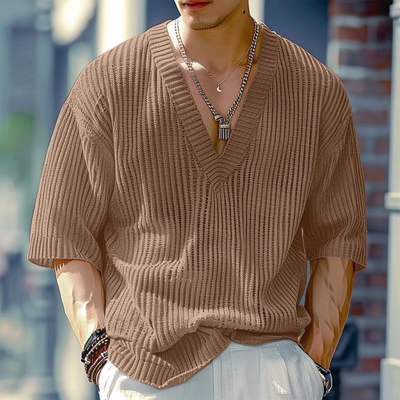 Kakii Mens V Neck Sweater 2026 Spring Oversized Ribbed Knit Trendy Slit Casual Loose Fit Short Sleeve Pullover Top