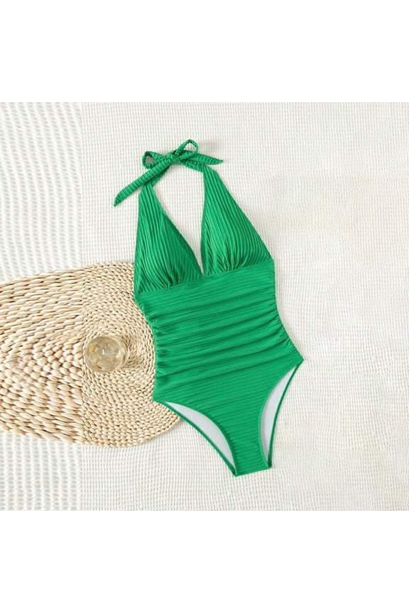 Women V Neck One Piece Swimsuit Halter Backless Ruched Tummy Control Bathing Suit