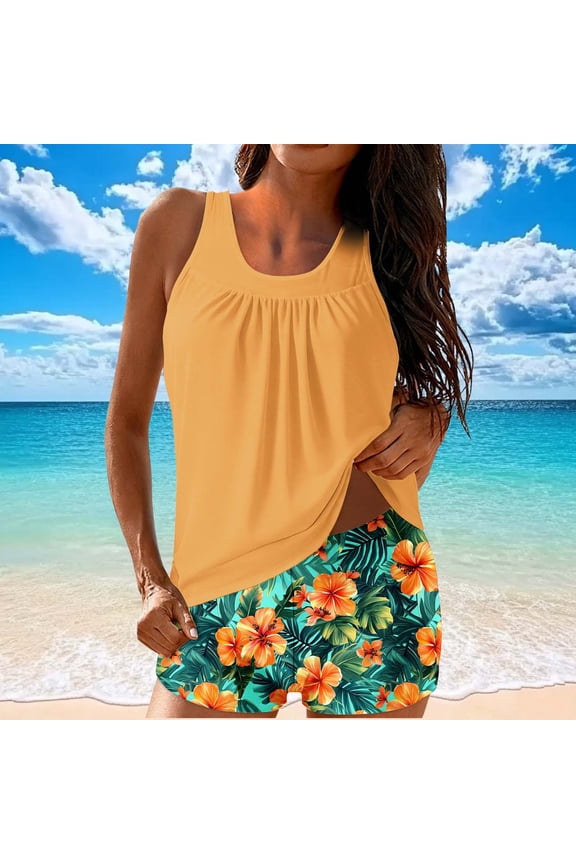 Women's Palm Print Tankini Set - Halter Neck Bralette Top with Black Trim & Matching Swim Shorts