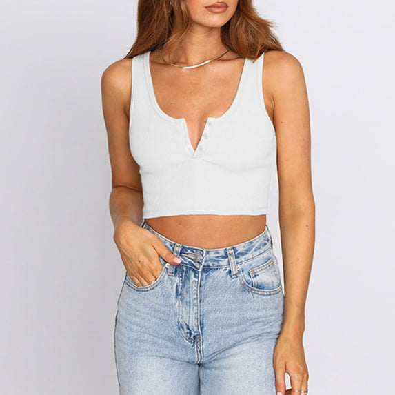 Kakina CMSX Tank Tops for Women Clearance Women Casual Tanks Sleeveless Buttons Slimming Solid Pullover Vest Blouse Tops Deals